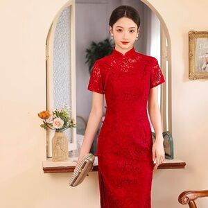 Elegant Red Lace Cheongsam Dress